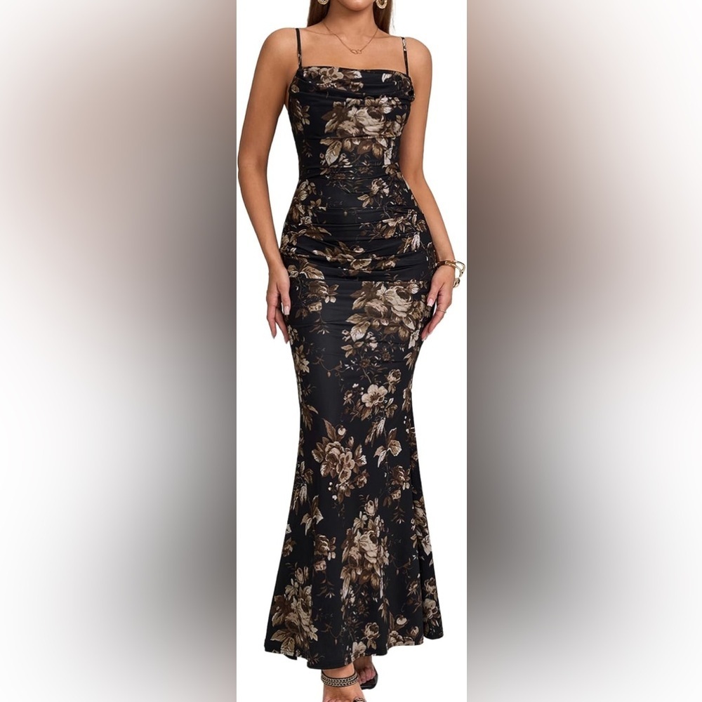 Elegant Floral Black and Brown Maxi Dress, Size M